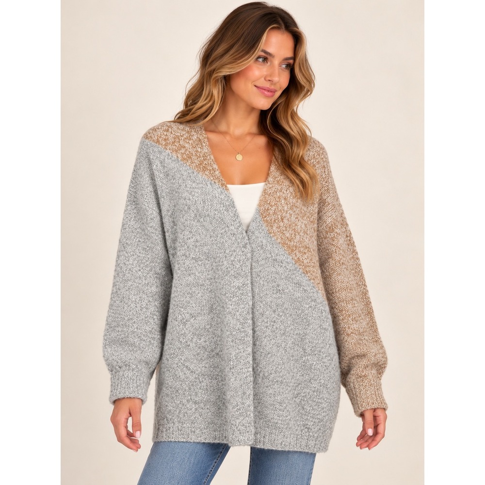 Cabi Asymmetrical Cardigan Grey Camel Colorblock Oversized Snap Sweater Large
